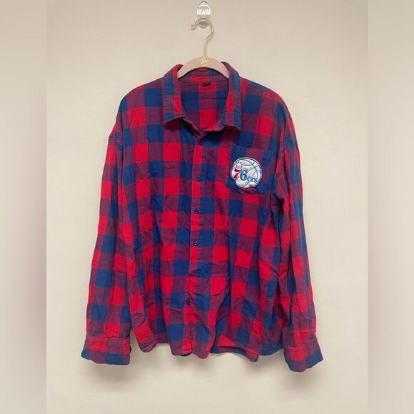 Bleached Red and Blue Plaid Philadelphia 76ers Logo and Patch Flannel - Picture 3 of 8
